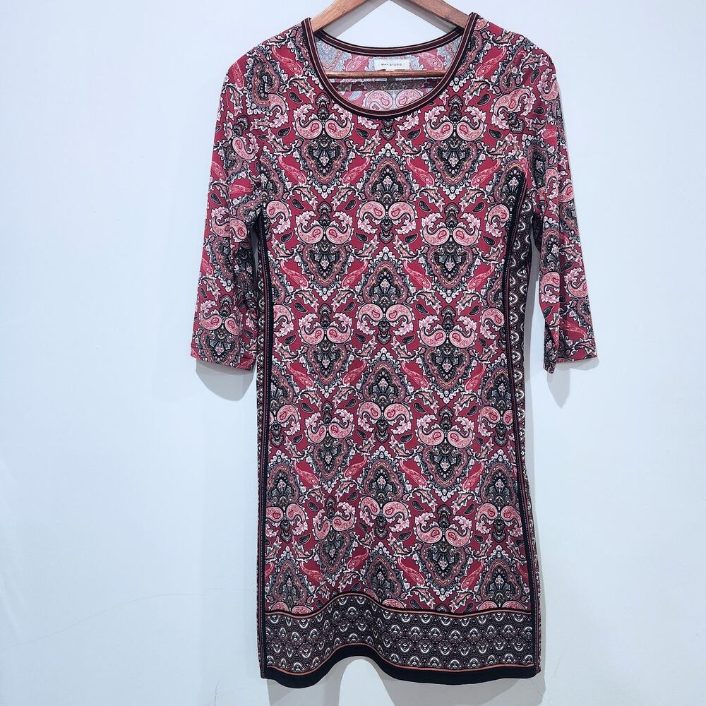 Max Studio Womens Red Paisley 3/4 Sleeve Knee Length Dress Size Small